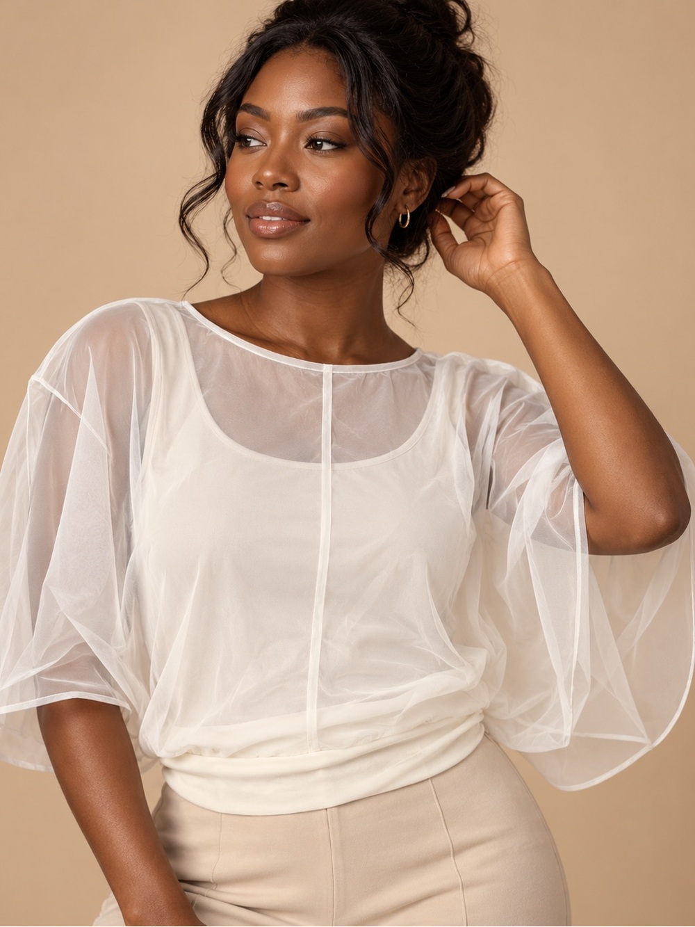 Last Tango Ivory Sheer Overlay Draped Dolman Sleeve Top L